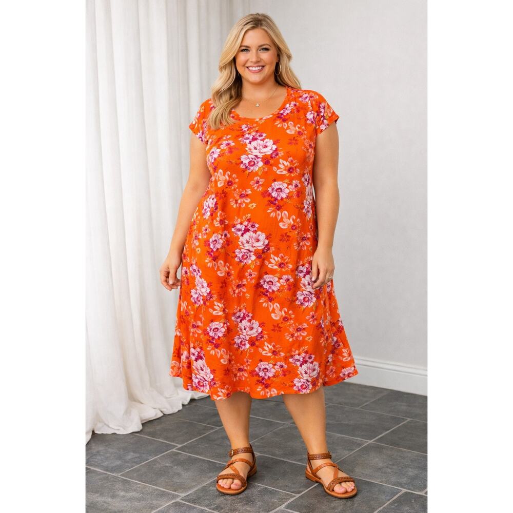 NWOT Easy Essentials 100% Cotton Dress XL 23" PTP Orange Floral Midi 865816